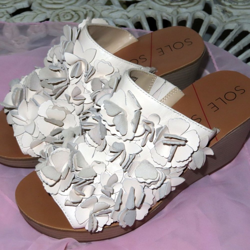 Slide In Mules Wedges • White Leather Sandals• Open Toe • Open Backs • Like New!